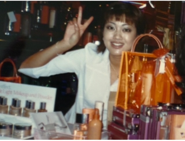 Cindy Keyes at Clinique counter in her early career